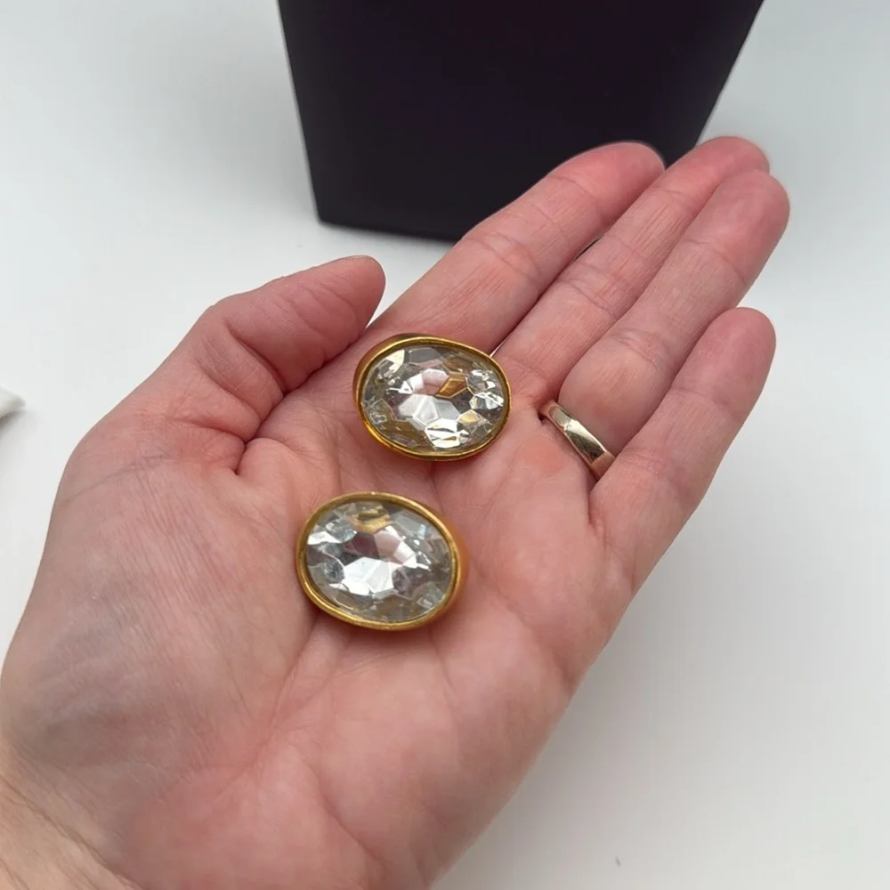 Vintage Ellen Deisgn clear faceted headlight 80s oval statement clip earrings